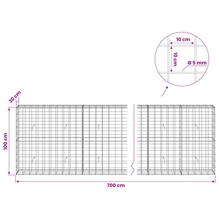 Gabion med 5 mm Tråd og 10x10 cm Net 700x30x100 cm