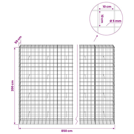 Gabion med 5 mm Tråd og 10x10 cm Net 850x50x200 cm