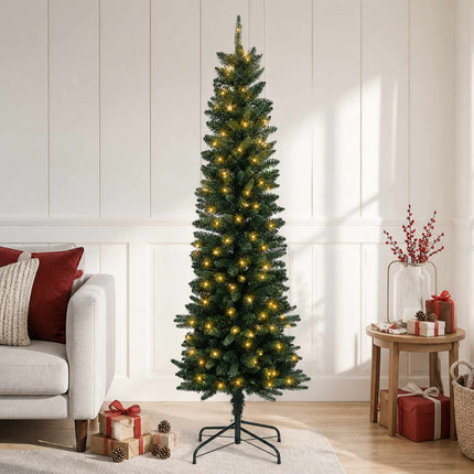 Kunstigt slankt juletræ 150 cm 150 LED'er Varm hvid PE og PVC