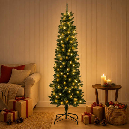 Kunstigt slankt juletræ 150 cm 150 LED'er Varm hvid PE og PVC