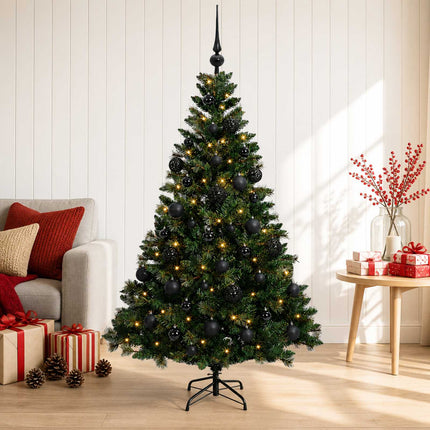 Kunstig juletræ med kugler 150 cm 150 LED'er Varm hvid