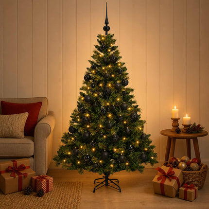 Kunstig juletræ med kugler 150 cm 150 LED'er Varm hvid