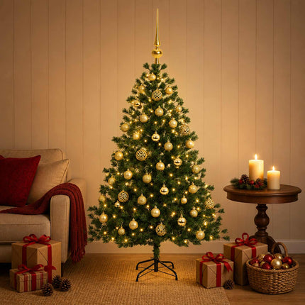 Kunstigt juletræ med julekugle 150 cm 150 LED'er Varm hvid
