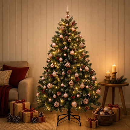 Kunstigt juletræ, grønt, med julekugle 150 cm 150 LED'er