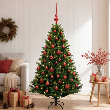 Kunstig juletræ med kugler 120 cm 150 LED'er Varm hvid
