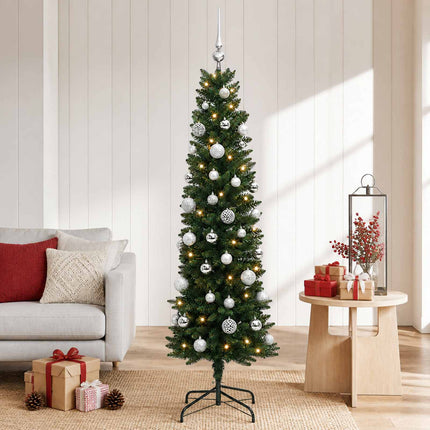 Kunstigt slankt juletræ med julekugle 120 cm 150 LED'er