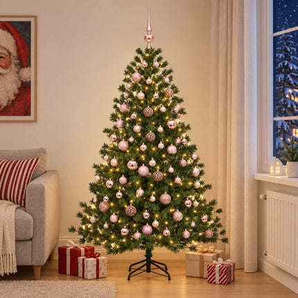 Kunstigt juletræ med julekugle 210 cm 300 LED'er Varm hvid