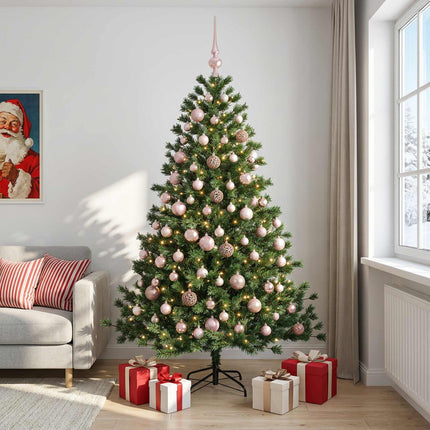 Kunstigt juletræ med julekugle 210 cm 300 LED'er Varm hvid