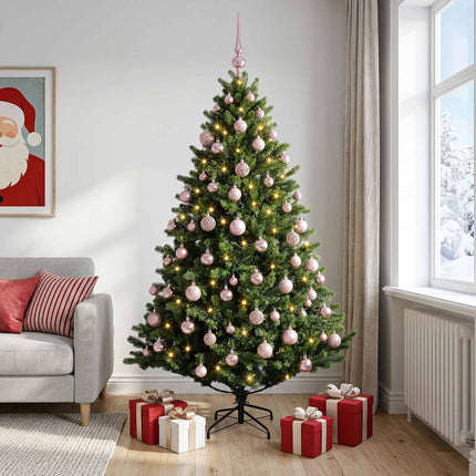 Kunstig juletræ med kugler 210 cm 300 LED'er Varm hvid