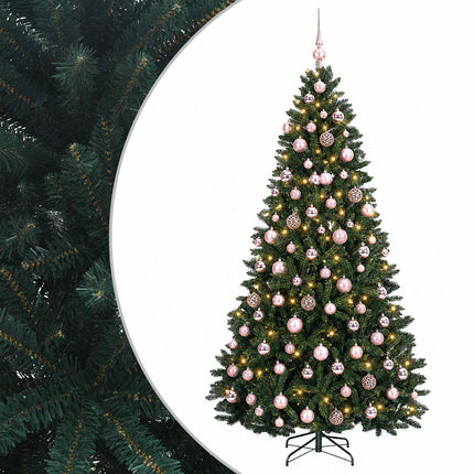 Kunstigt juletræ mørkegrønt med julekugler 240 cm 300 LED'er