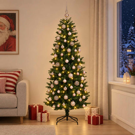 Kunstig juletræ med kugler 240 cm 300 LED'er Varm hvid
