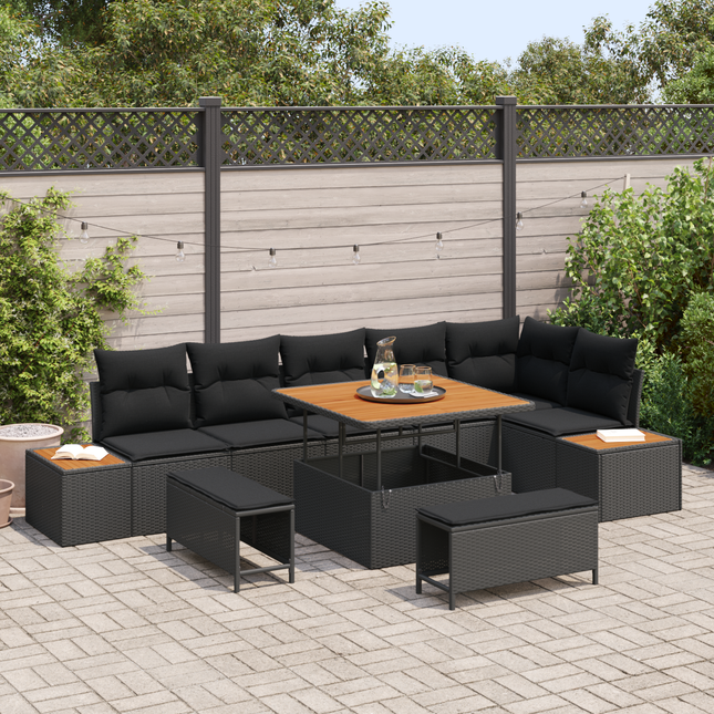 Havesofa Sæt med pude med opbevaring 9 pcs Sort Poly rattan
