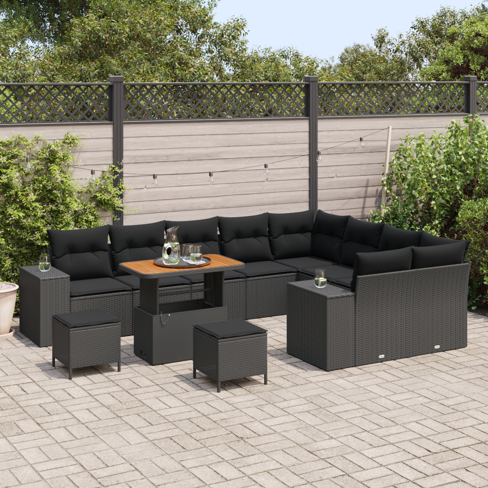 Havesofa Sæt 12 pcs Sort Polyrattan, stål og massivt akacietræ