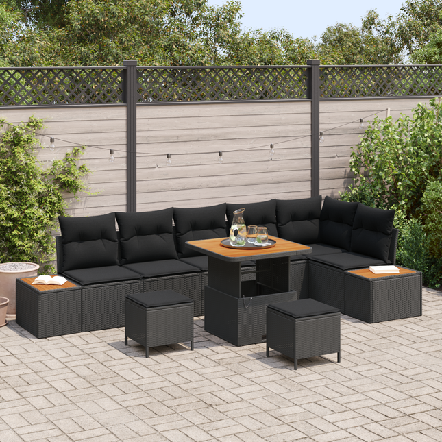 Havesofa Sæt med pude med opbevaring 9 pcs Sort Poly rattan