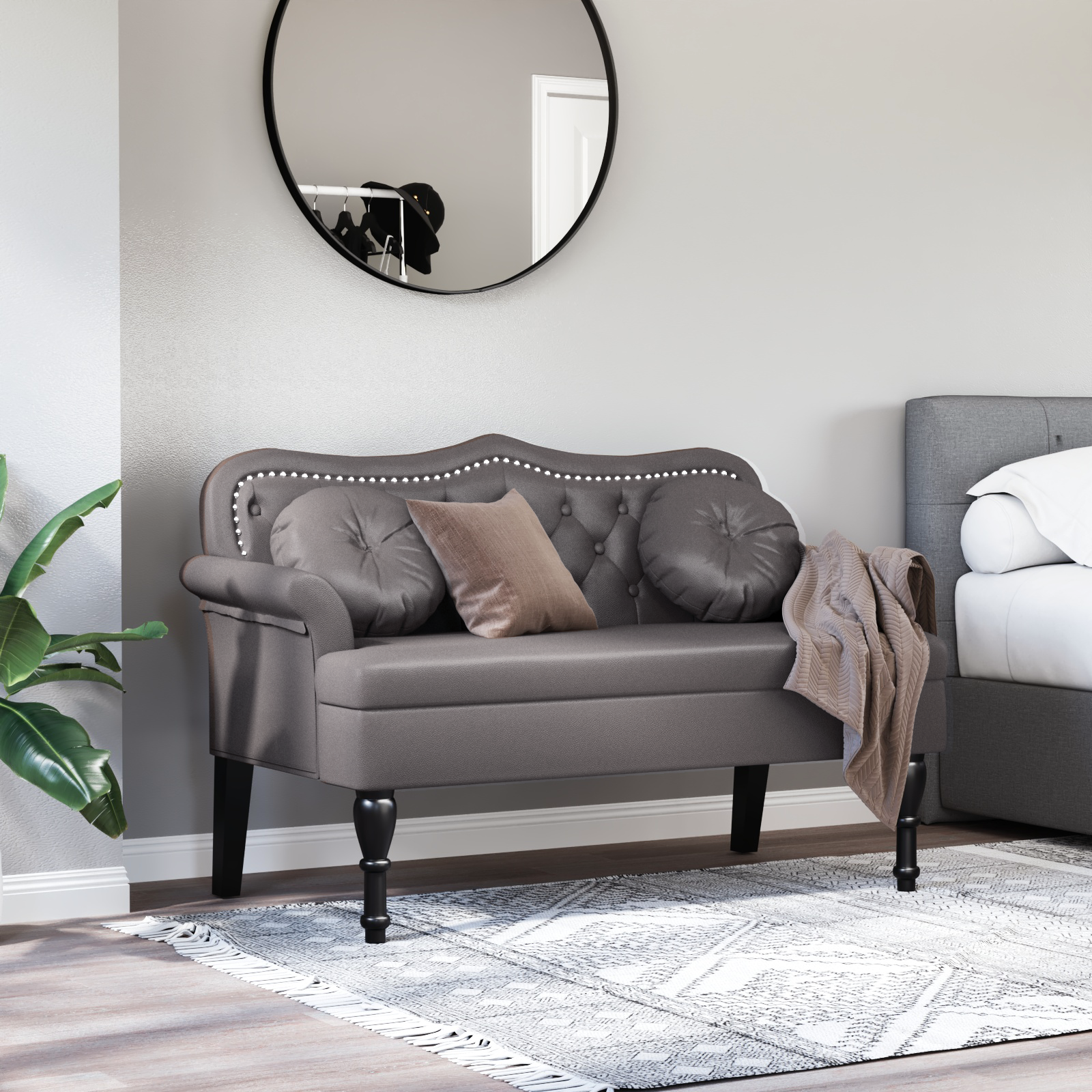 Chesterfield bænk med pude Grå 120.5 x 65 x 75 cm Faux læder