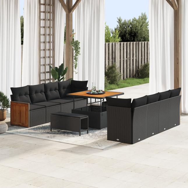 Havesofa Sæt 11 pcs Sort Poly Rattan og pulverlakeret stål