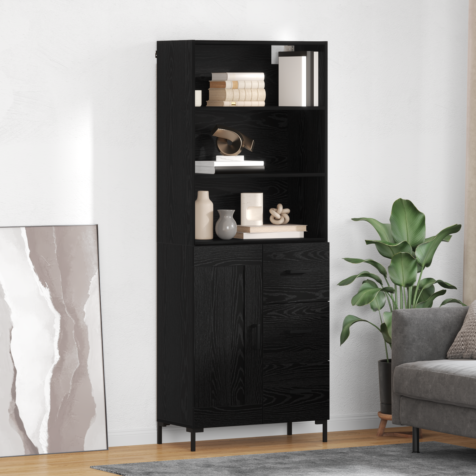 Highboard med skuffe Sort eg 69,5 x 34 x 180 cm Konstrueret træ