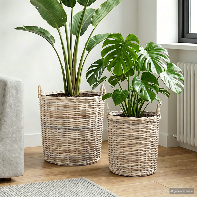 Plantekurv med opbevaring 2 stk. Naturlig grå Kubu rattan