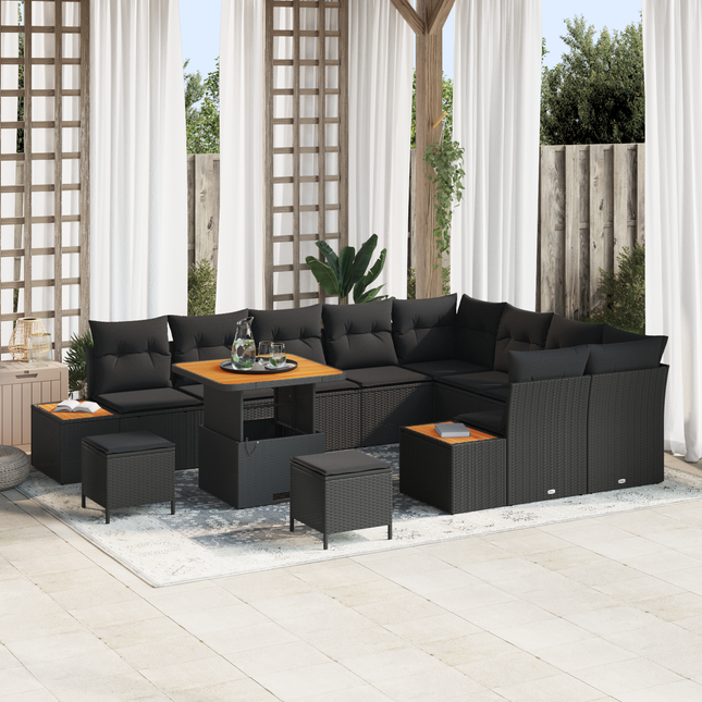 Havesofa Sæt med pude med opbevaring 12 pcs Sort Poly rattan
