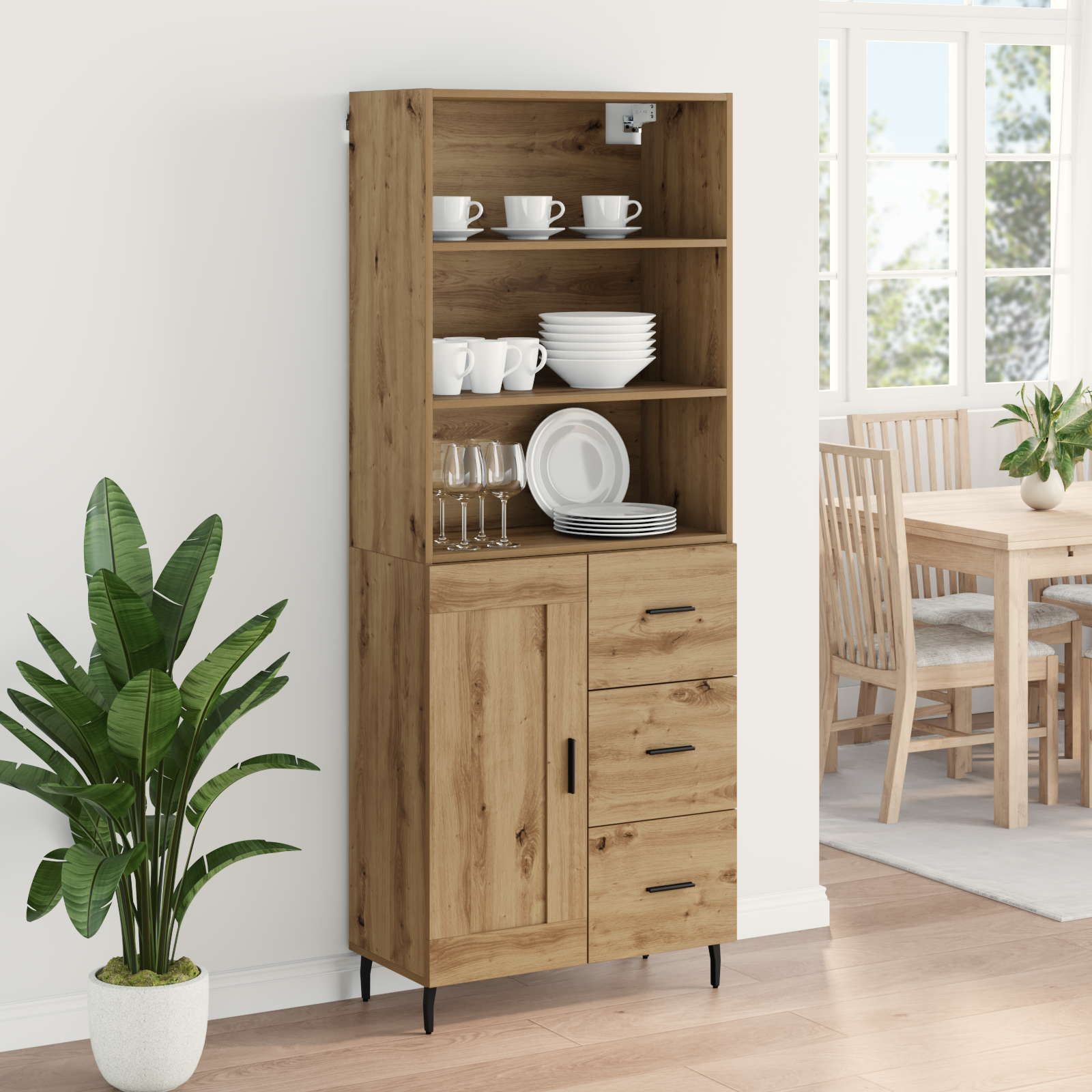 Highboard Artisan Egetræ 69,5 x 34 x 180 cm Ingeniørtræ og glas