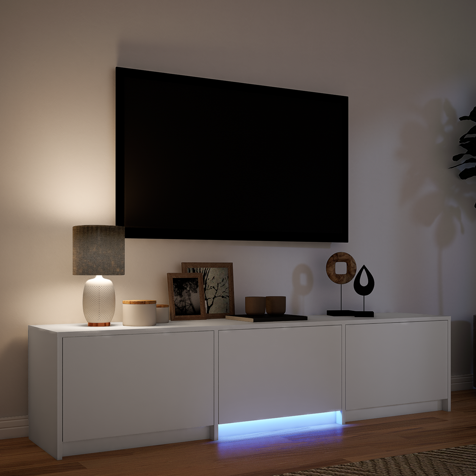 TV-bord med LED med LED Hvid 165 x 34 x 40 cm Konstrueret træ