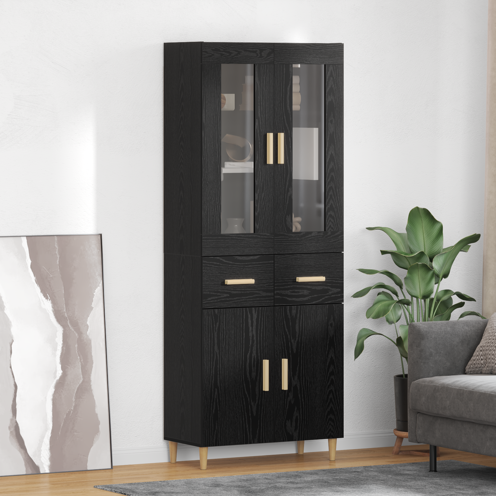 Highboard med skuffe Sort eg 69,5 x 34 x 180 cm Konstrueret træ