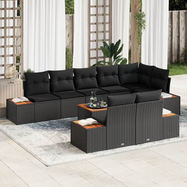 Havesofa Sæt med pude med opbevaring 8 pcs Sort Polyrattan