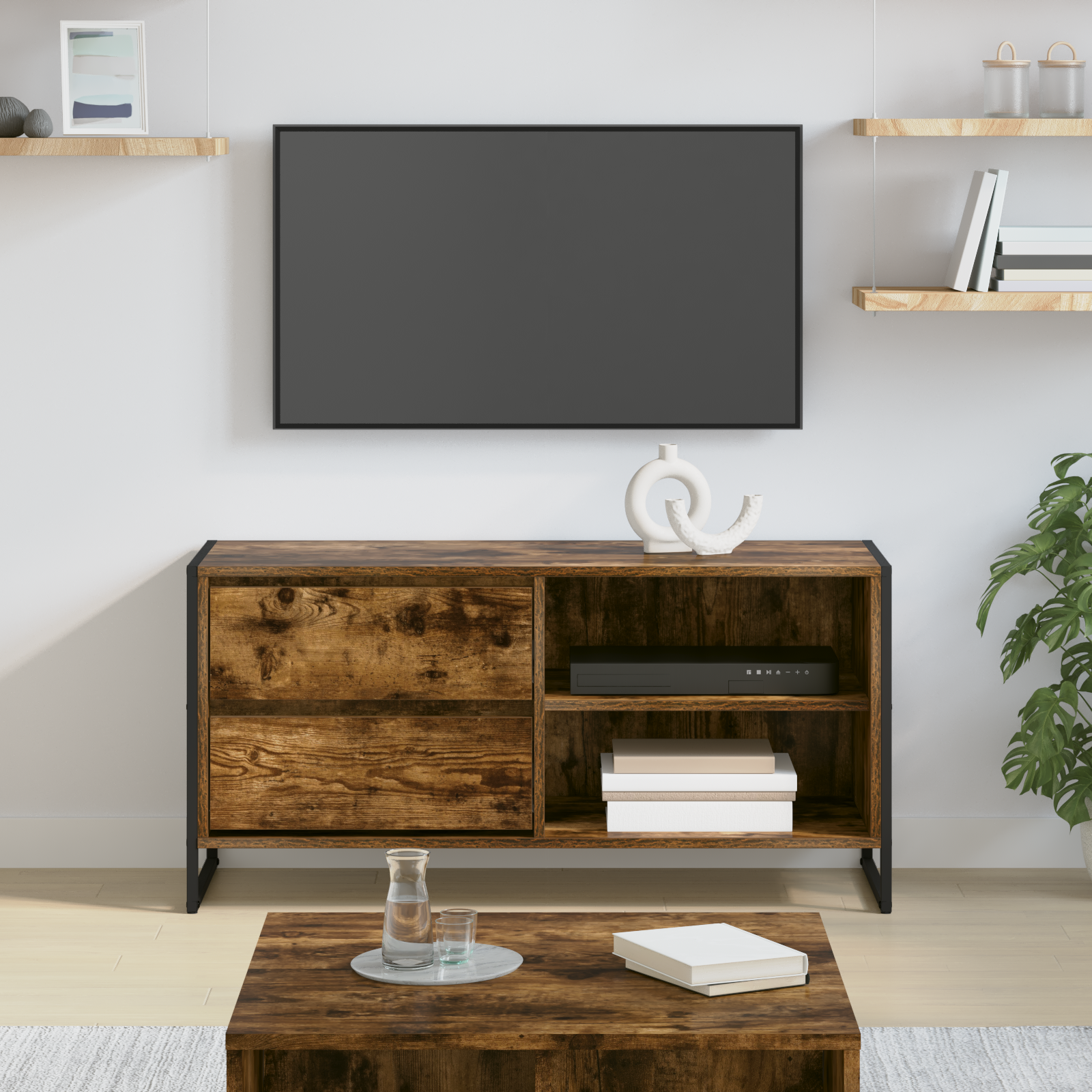 TV-skab med skuffe Røget Eg 100 x 36 x 49,5 cm Konstrueret træ