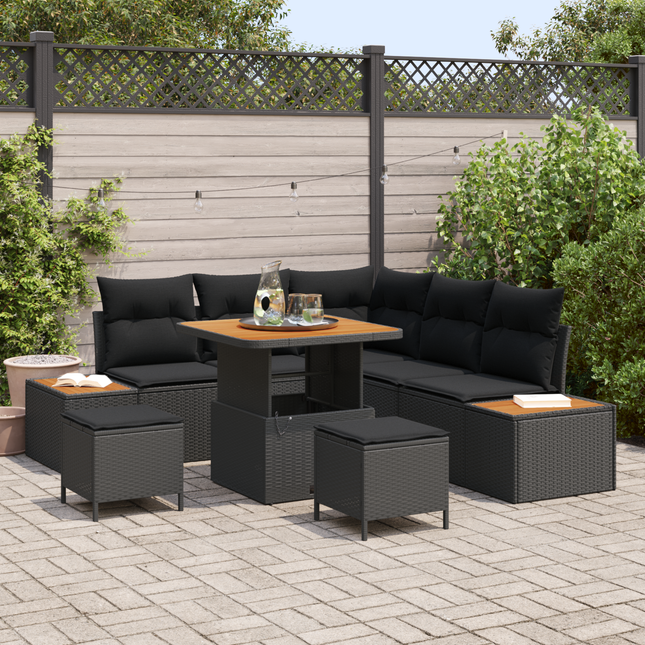 Havesofa Sæt med pude med opbevaring 8 pcs Sort Poly rattan