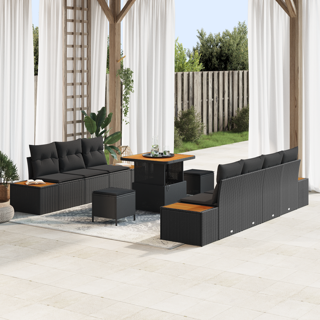 Havesofa Sæt med pude med opbevaring 10 pcs Sort Poly rattan