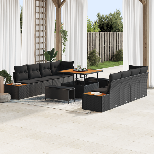 Havesofa Sæt 11 pcs Sort Poly Rattan og Pulverlakeret Stål