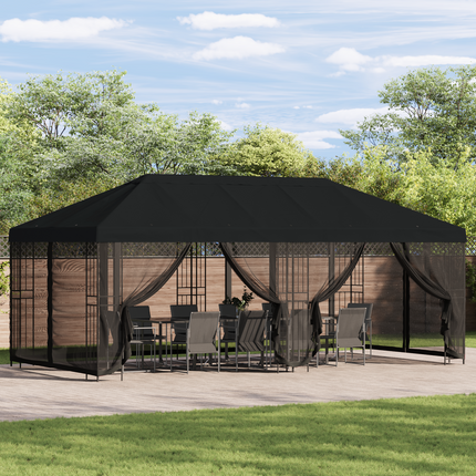 Pavillon med sidetapper 6 x 3 m Sort Polyester og Stål 190 gsm