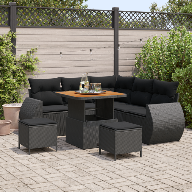 Havesofa Sæt med pude med opbevaring 8 pcs Sort polyrattan