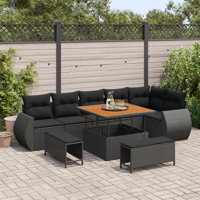 Havesofa Sæt med pude med opbevaring 9 pcs Sort Poly Rattan