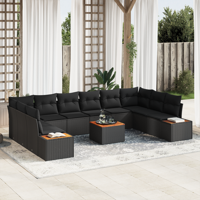 Havesofa Sæt med pude med opbevaring 10 pcs Sort Polyrattan
