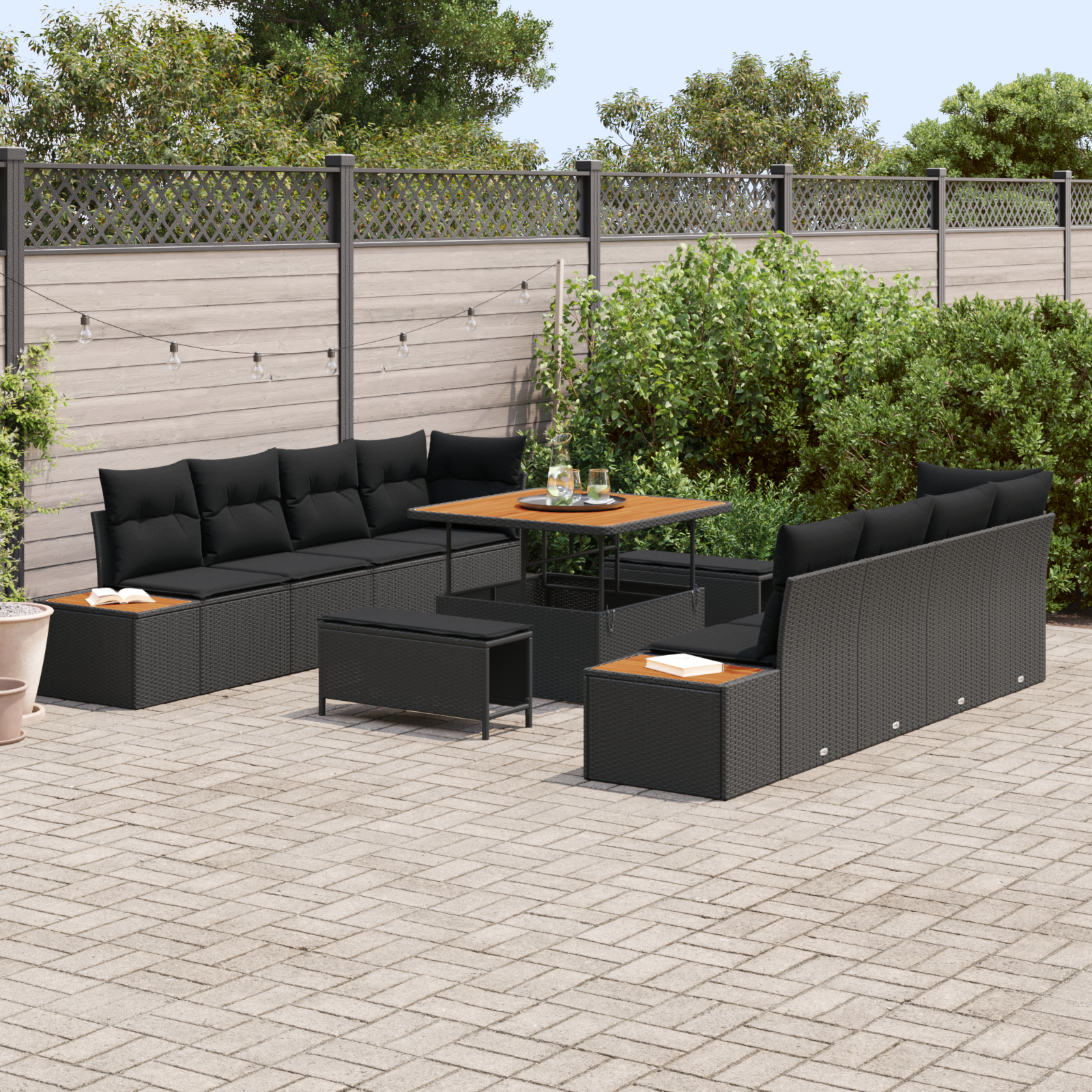 Havesofa Sæt med pude med opbevaring 11 pcs Sort Poly rattan