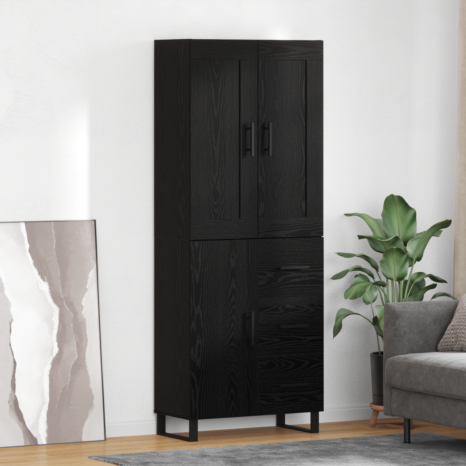 Highboard med skuffe Sort eg 69,5 x 34 x 180 cm Konstrueret træ