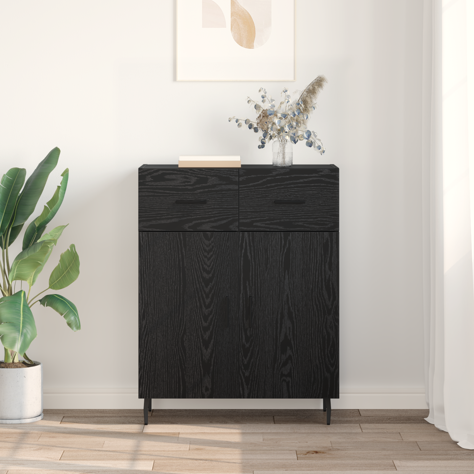 Sideboard med skuffe Sort eg 69,5 x 34 x 90 cm Konstrueret træ