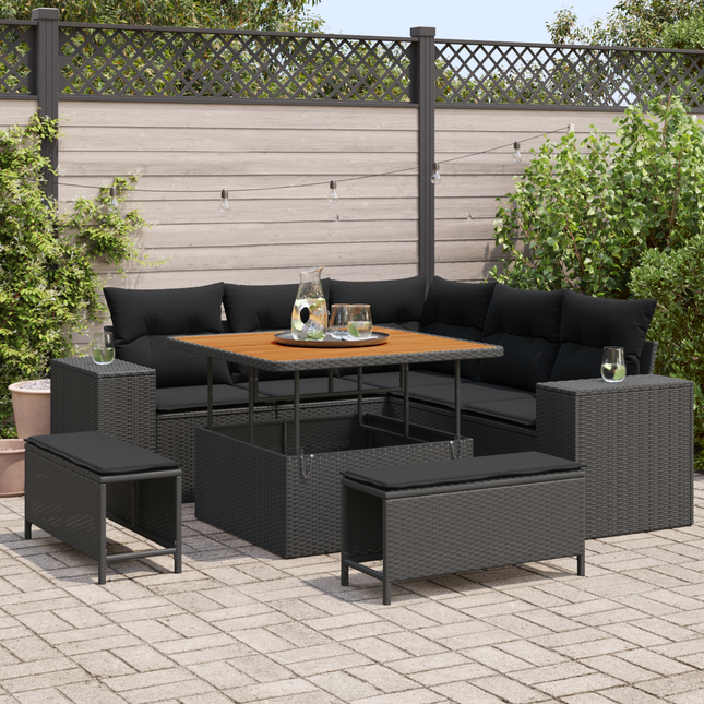 Havesofa Sæt med pude med opbevaring 8 pcs Sort polyrattan