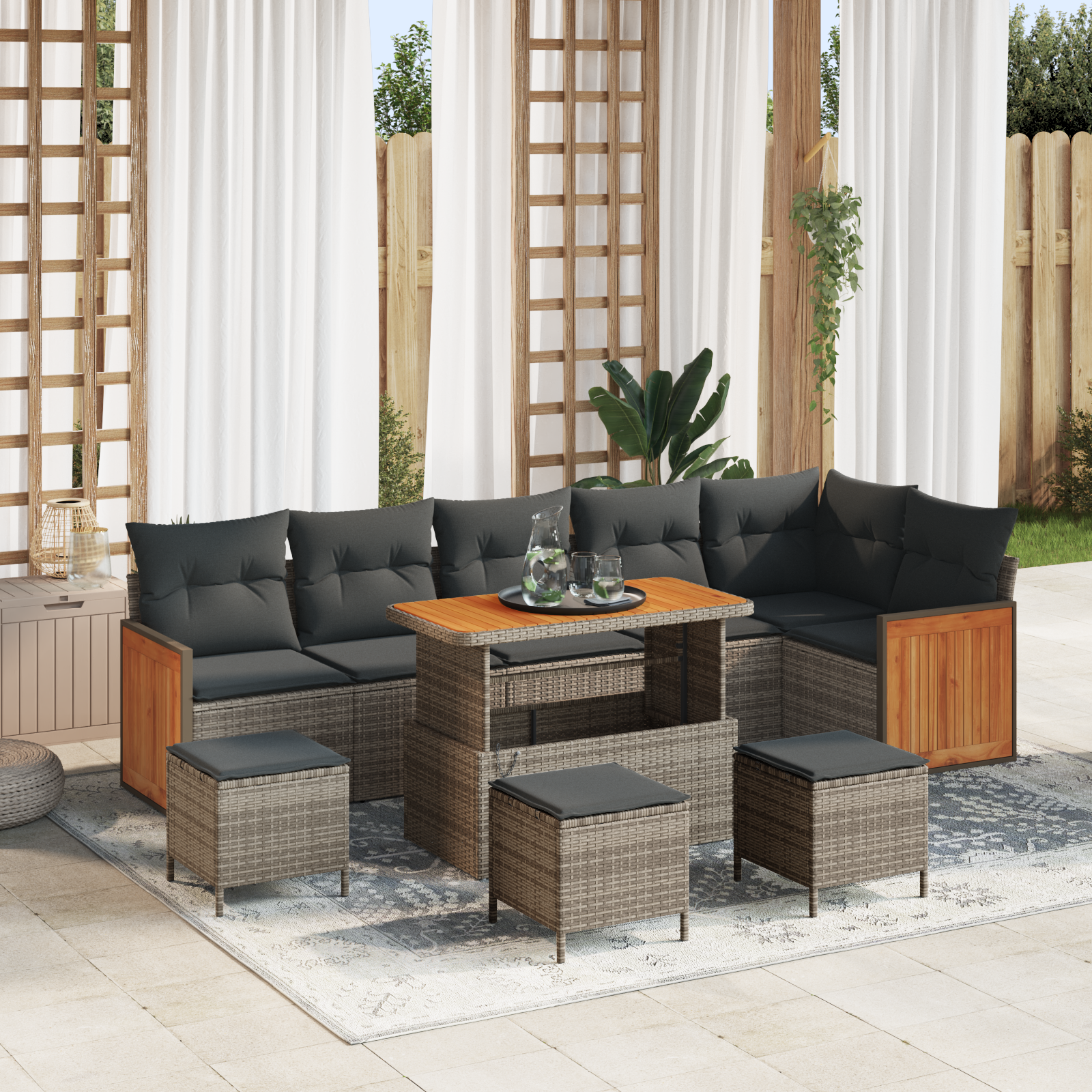 Havesofa Sæt 10 pcs Grå Poly Rattan og pulverlakeret stål