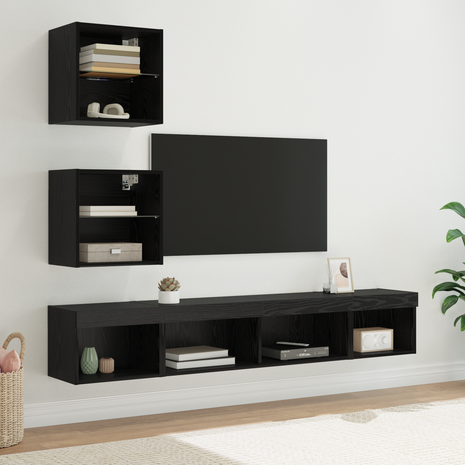 TV vægenheder med LED med LED 5 pcs Sort eg Konstrueret træ