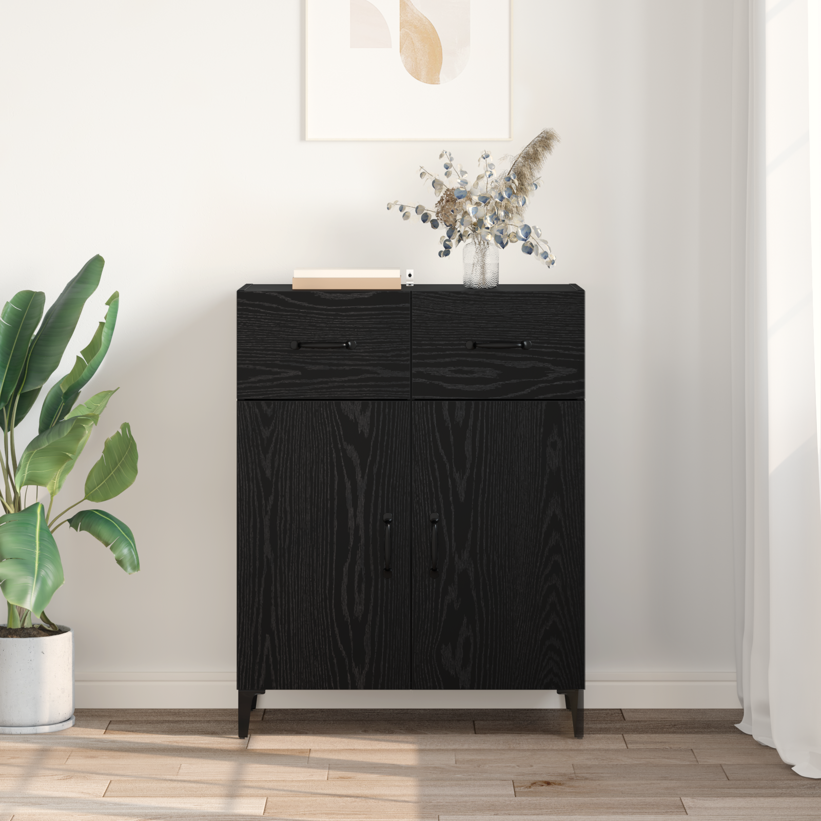 Sideboard med skuffe Sort eg 69,5 x 34 x 90 cm Konstrueret træ