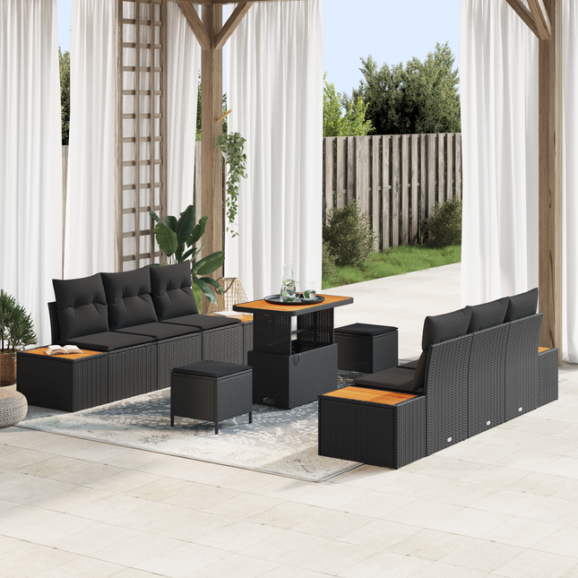 Havesofa Sæt med pude med opbevaring 9 pcs Sort Poly rattan