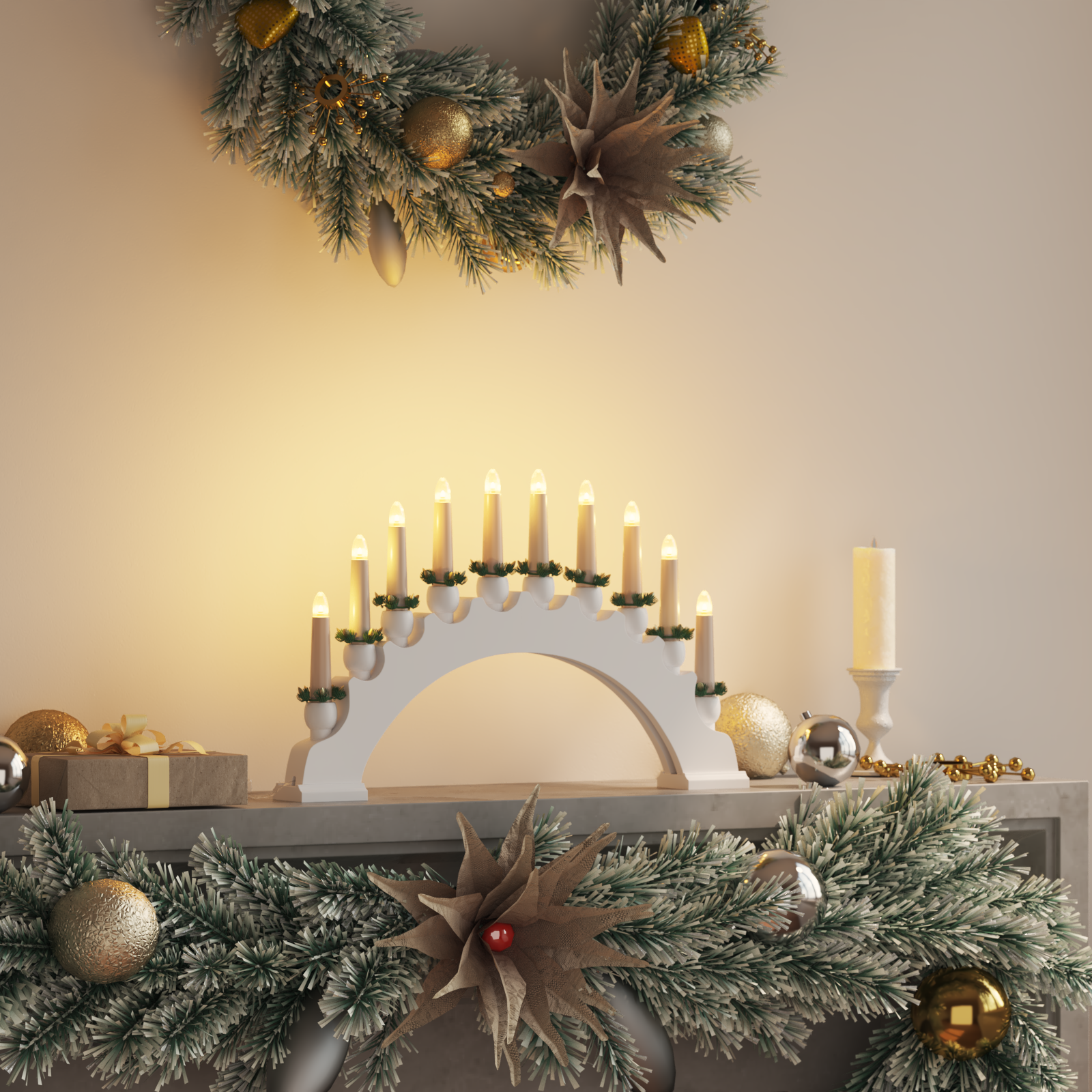 Julelys Bue med 10 LED Lys Hvid 47 x 5 x 29 cm Massivt fyrretræ