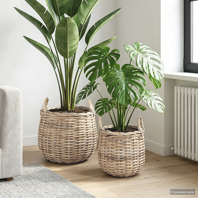 Plantekurv med opbevaring 2 stk. Naturlig grå Kubu rattan