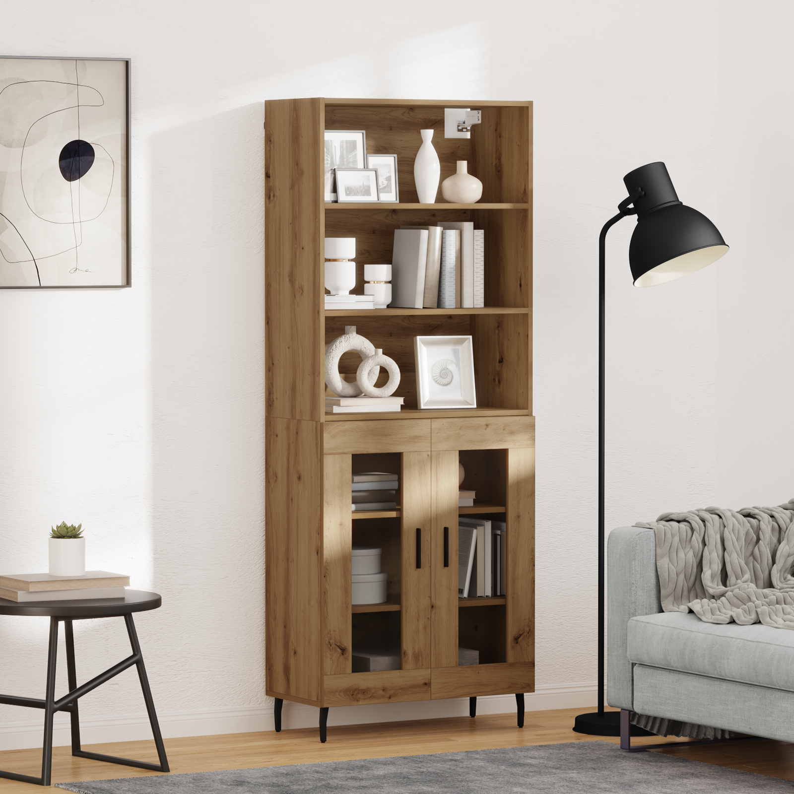 Highboard Artisan Egetræ 69,5 x 34 x 180 cm Ingeniørtræ og glas