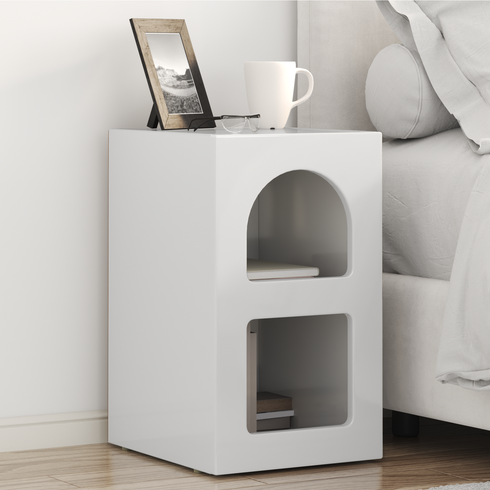 Sengebord Høj gloss hvid 29,5 x 33,5 x 50 cm Konstrueret træ