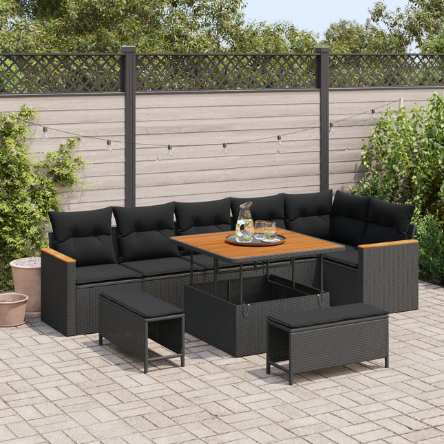 Havesofa Sæt med pude 9 pcs Sort Poly rattan
