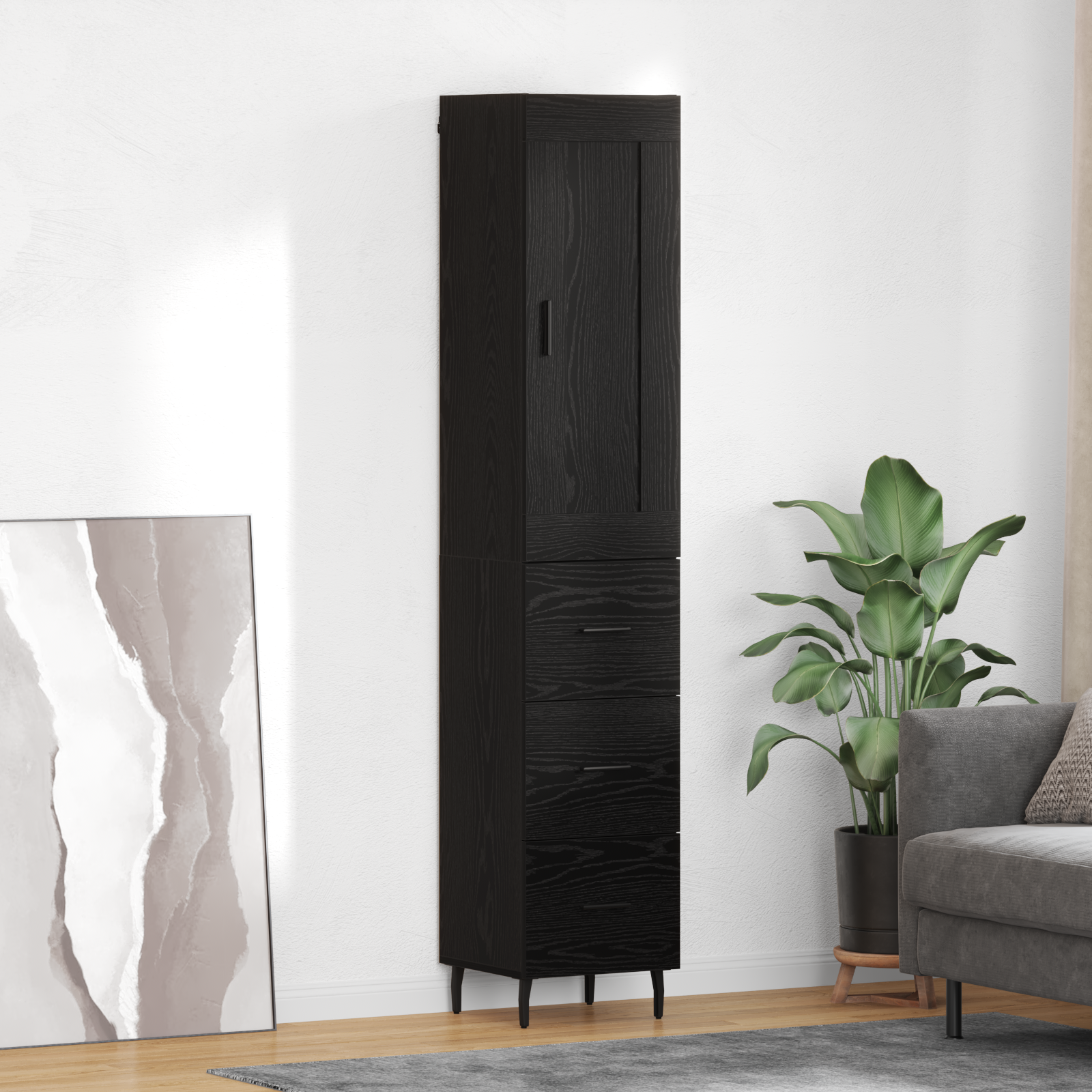 Highboard med skuffe Sort eg 34,5 x 34 x 180 cm Konstrueret træ