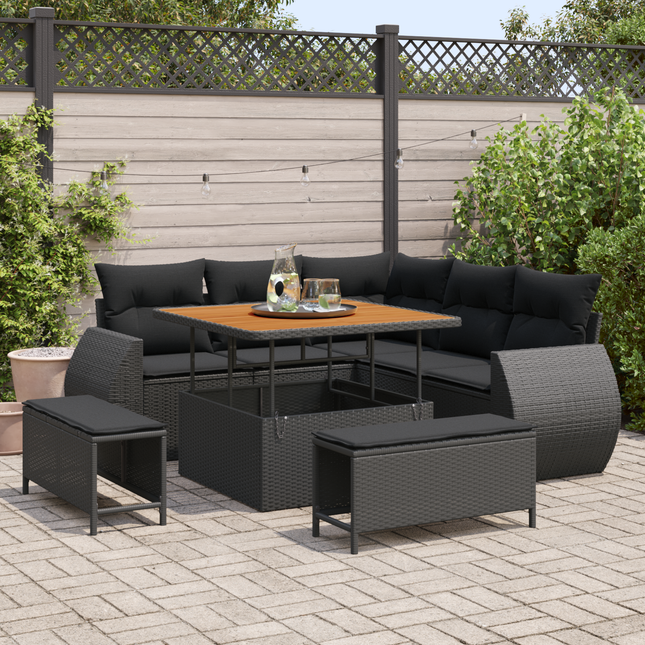 Havesofa Sæt med pude med opbevaring 8 pcs Sort polyrattan